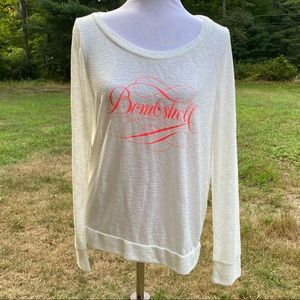 VICTORIA’S SECRET TOP TEE LONG SLEEVE WHITE SLUB KNIT NEON PINK BOMBSHELL SIZE M